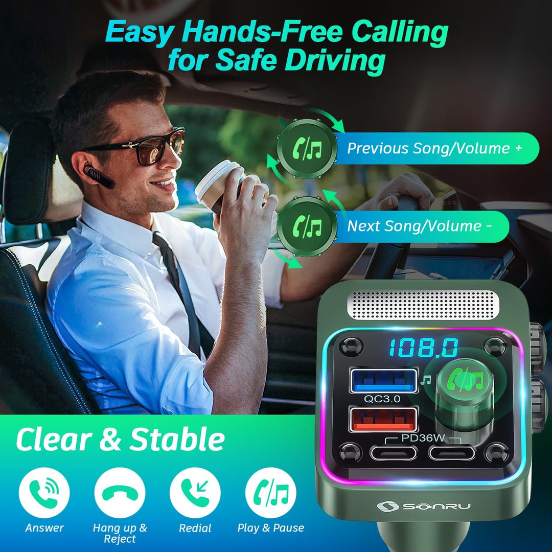 SONRU FM Transmitter Auto Bluetooth 5.3 Adapter Auto, Bass & HiFi Stereo Freisprechanlage für Auto B