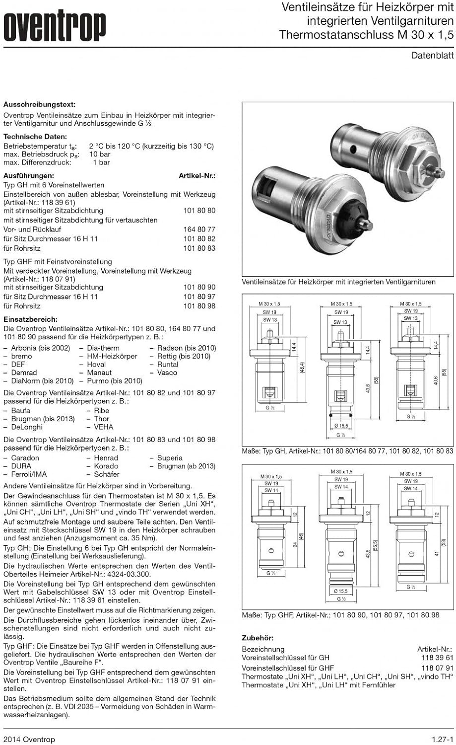 Oventrop Ventileinsatz GH mit Rohrsitz mit 6 Voreinstellwerten