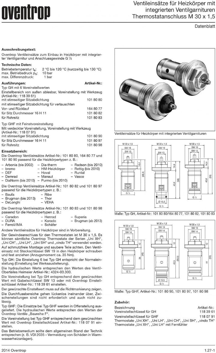 Oventrop Ventileinsatz GH mit Rohrsitz mit 6 Voreinstellwerten