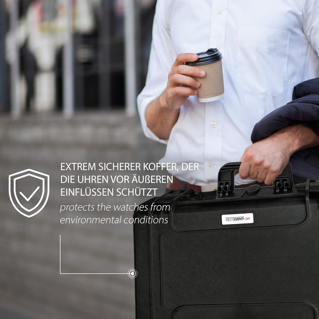MC-CASES ® Uhrenkoffer Transportkoffer für bis zu 14 Uhren - Reisekoffer - Wasserdicht - Abschliessb