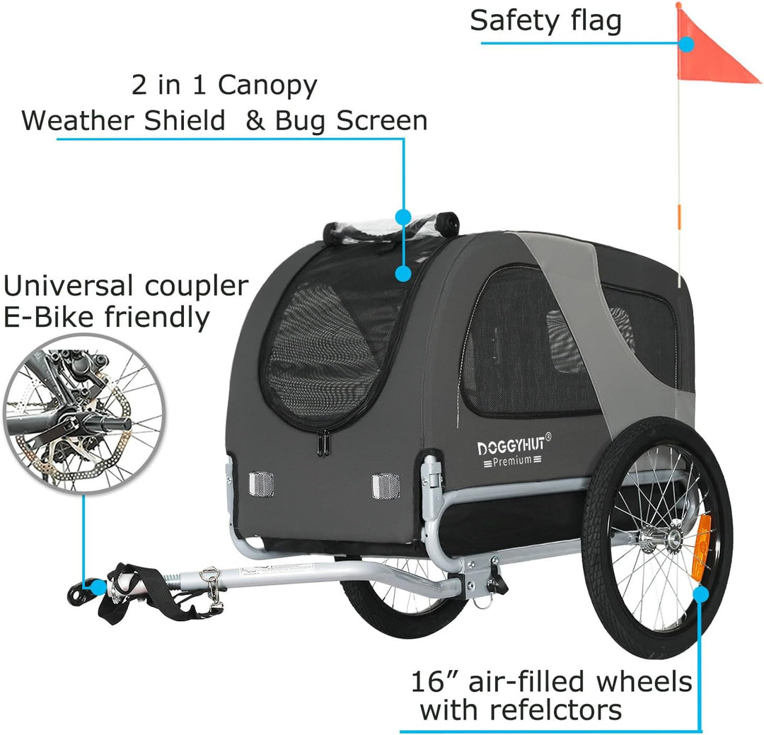 DOGGYHUT® Premium MEDIUM Fahrrad Hundeanhänger für Hunde bis 23 kg Fahrradanhänger Klappbar GRAU, GR