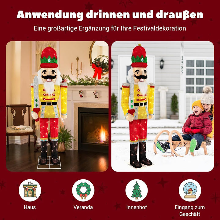 COSTWAY Weihnachten Nussknacker Figur gross, beleuchtete Weihnachtsdeko XXL, Weihnachtsfigur mit Met