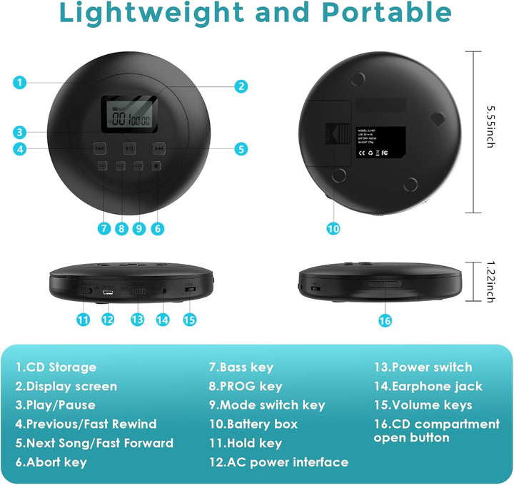 Gueray CD Player Tragbar CD Player Kinder CD Player HiFi Tragbarer CD Player Discman mit Kopfhörer L