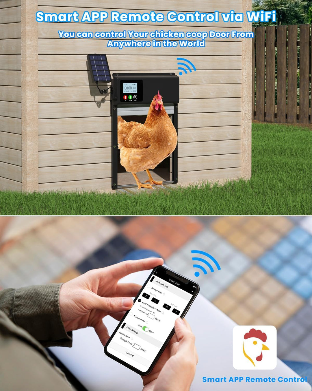 Verbesserte 3in1 Automatische Hühnerklappe Solar, WLAN-Fernbedienung, automatischer Hühnerklappe Hüh