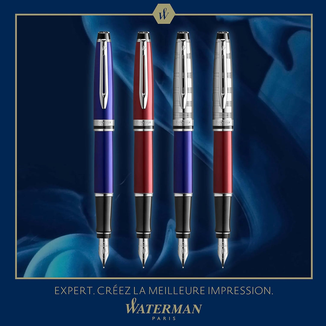 Waterman Expert Füller , blau mit Chromzierteilen , Füllfederhalter mit mittlerer Feder , Geschenkbo