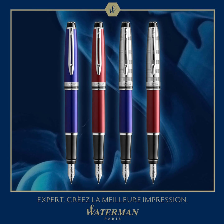 Waterman Expert Füller , blau mit Chromzierteilen , Füllfederhalter mit mittlerer Feder , Geschenkbo