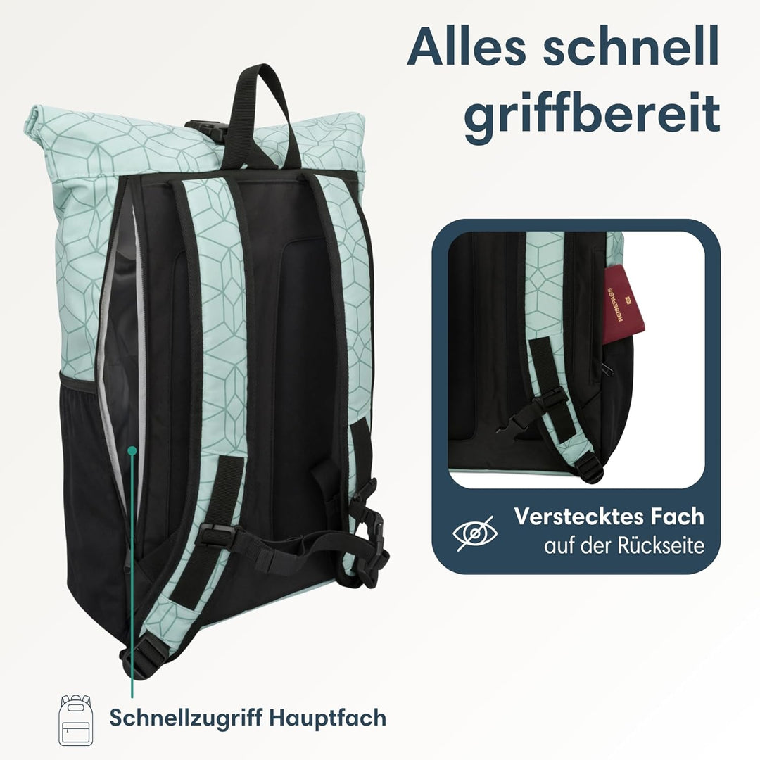 LARK STREET Rolltop Rucksack Damen Gross Mint - No 2 - Daypack für Schule, Uni, Fahrrad - 15,6 Lapto