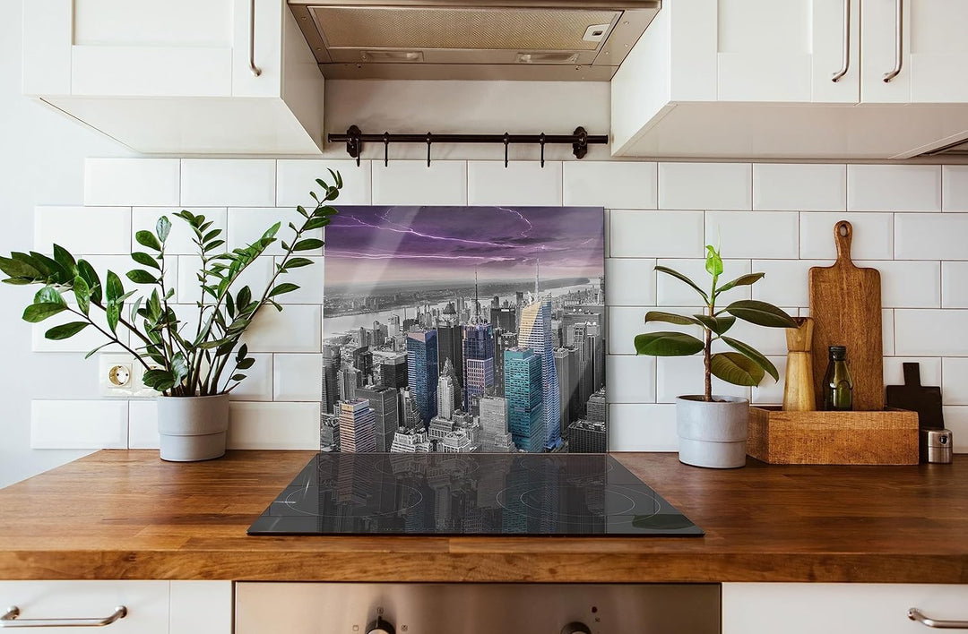 Skyline New York Gewitter Herdabdeckplatte & Spritzschutz aus Echtglas | Für Herd-Kochfelder | 60x52