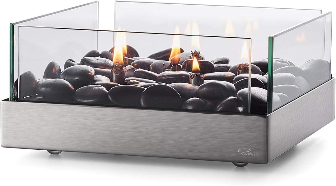Philippi - FIREPLACE Tischkamin - quadratisch - 6 Flammen leuchten inmitten schwarzer Flusskiesel -