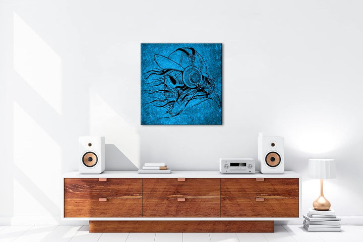 deyoli unheimlicher Totenkopf mit Kopfhörern Format: 70x70 Effekt: Monocrome Blau als Leinwandbild,