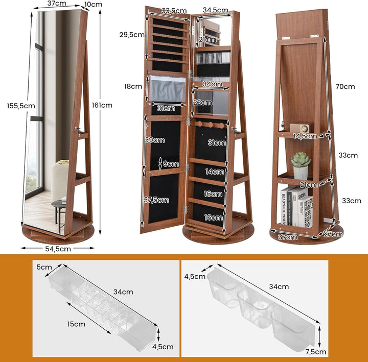 COSTWAY Schmuckschrank mit LED, Spiegelschrank 360° drehbar, mit rahmenlosem Ganzkörperspiegel, Schm