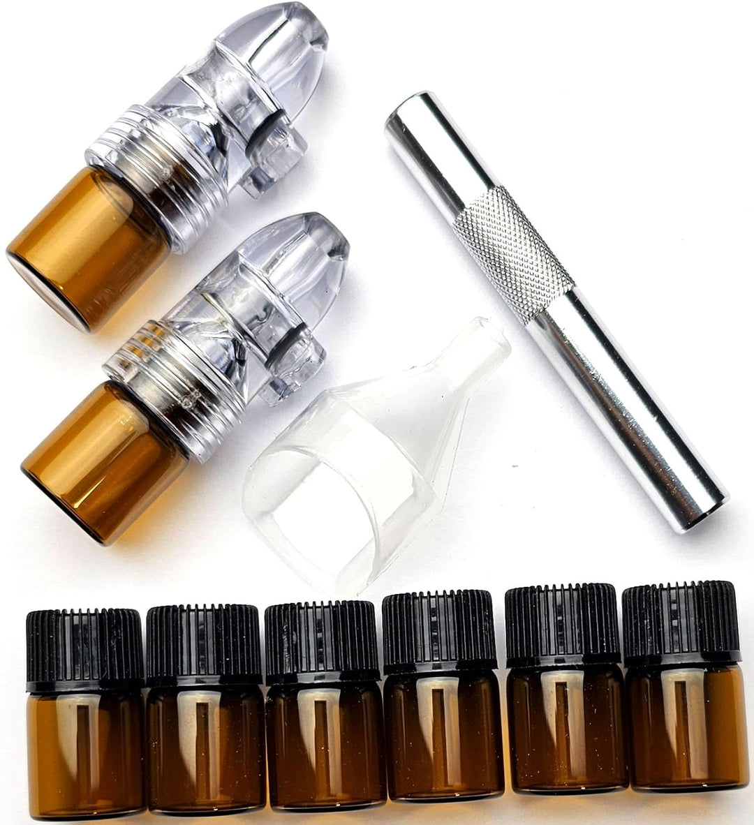 HEADNMORE® Dosierer Set mit Röhrchen, 6 Ersatzgläsern und Einfüllschaufel / 2x Sniffer Schnupfdosier