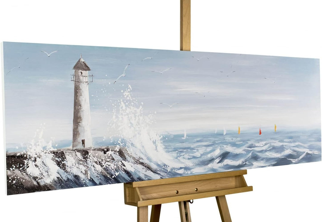 KunstLoft Leinwandbild | 100% HANDGEMALT | 150x50cm | Gemälde 'Leuchtturm in Sicht' | Leuchtturm | B