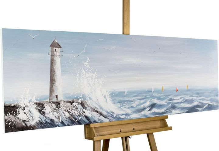 KunstLoft Leinwandbild | 100% HANDGEMALT | 150x50cm | Gemälde 'Leuchtturm in Sicht' | Leuchtturm | B
