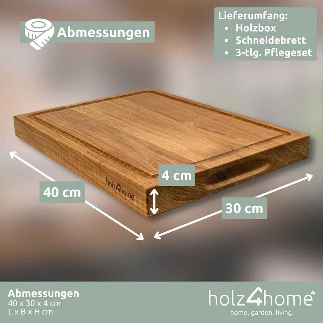 Holz4home Schneidebrett Set Alina Aus massiver Eiche in Geschenkbox mit Pflegeutensilien | Handgearb