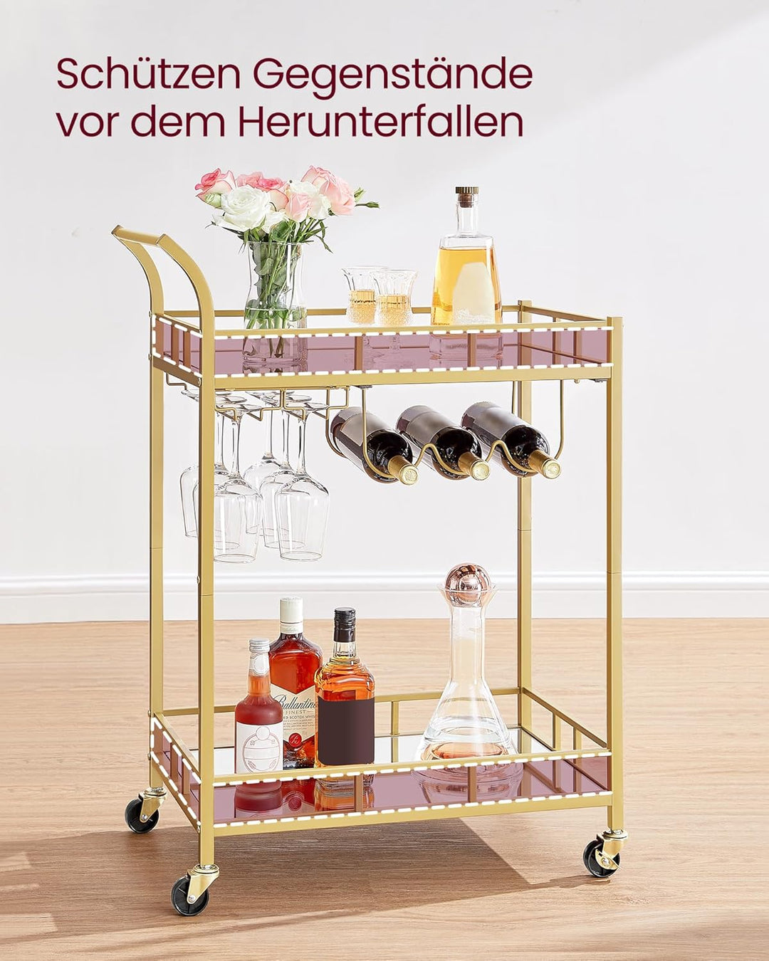 VASAGLE Servierwagen, Rollwagen, Gläserhalter, 2 verspiegelte Glasablagen, Barwagen, Weinwagen, für
