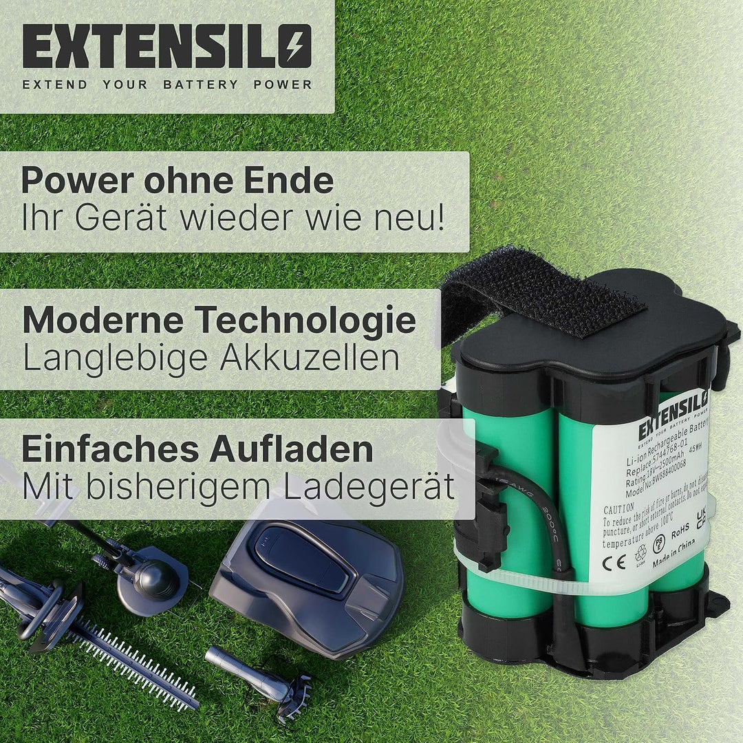EXTENSILO Akku kompatibel mit Gardena R38Li, R40Li, R45Li, R50Li, R70Li, R75Li, R80Li, 124562 Rasenr