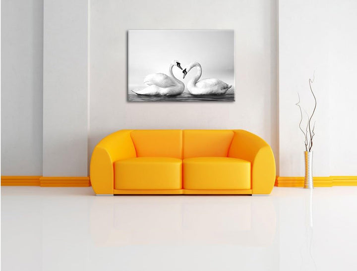 Pixxprint Zwei prächtige Schwäne auf dem Wasser Kunst B&W, Format: 100x70 auf Leinwand, 100x70