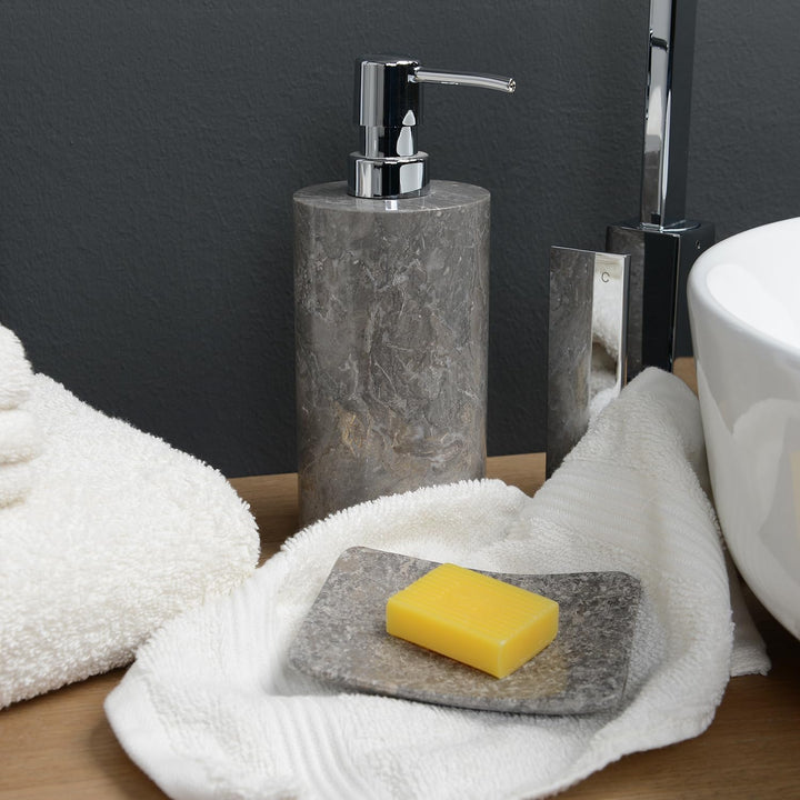 WOHNFREUDEN Naturstein Marmor Seifenspendernatur grau 15 cm + Dosierpumpe Stein