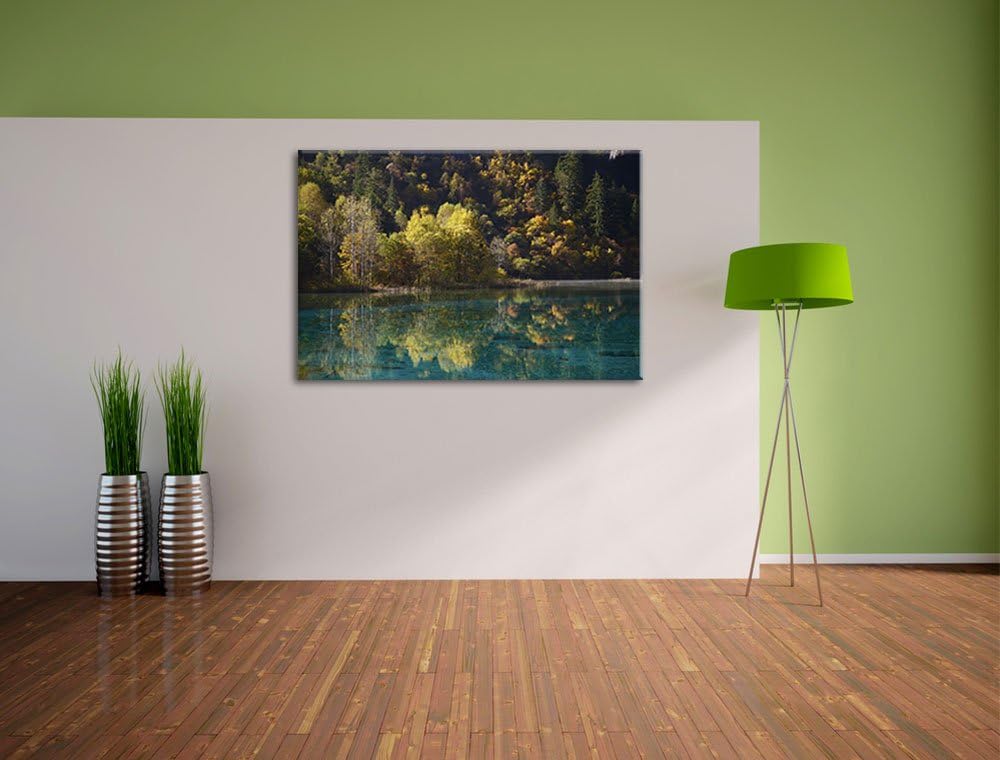 herbstlicher Wald am See Leinwand, XXL riesige Bilder fertig gerahmt mit Keilrahmen, Kunstdruck auf