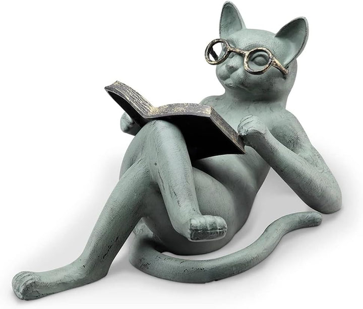 HUSHUI Literarische Katzen-Harz-Ornamente, Gartenstatuen-Dekoration, Lesebrille, Katzenhandwerk für