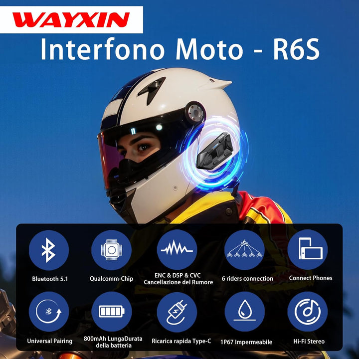 WAYXIN R6S Motorrad Headset 2 Pack Intercom Motorrad Kommunikationssystem für bis zu 6 Reiter 1200m