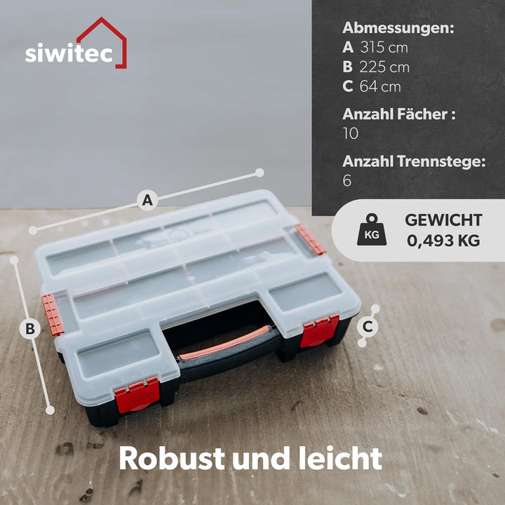 6 x siwitec Sortimentskasten, 10 Fächer und 6 anpassbare Trennstege, stapelbar, Sortimentsbox Kleint