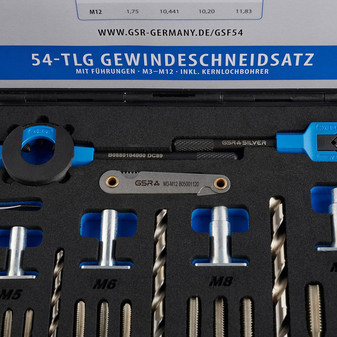 Gewindeschneid-Sortiment M3-M12 HSS, Mit Führungen für Handgewindebohrer und Schneideisen und Kernlo