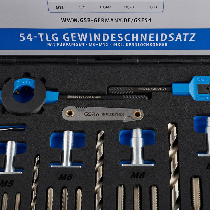 Gewindeschneid-Sortiment M3-M12 HSS, Mit Führungen für Handgewindebohrer und Schneideisen und Kernlo