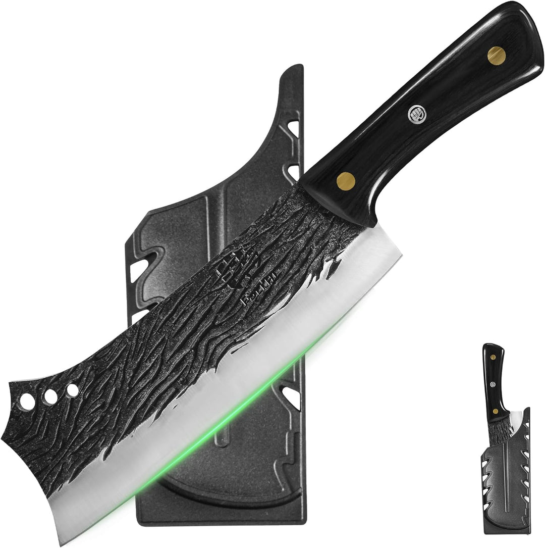 FULLHI Butcher Knife Hand geschmiedet schwere Fleischbeil Kochmesser mit Scheiden schwarz High Carbo