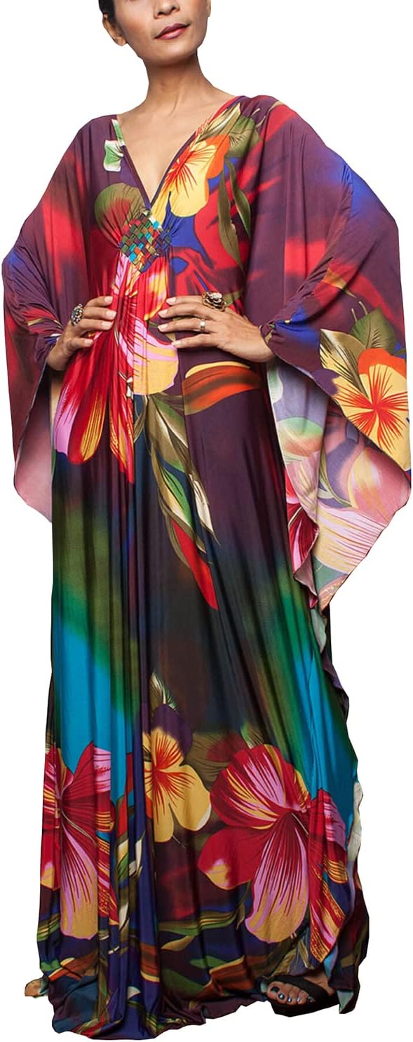 YouKD Sommer Geblümter Loser Kaftan Boho-Strand Bikini Aufdecken Kleid Plus Grösse Robe für Damen Ei
