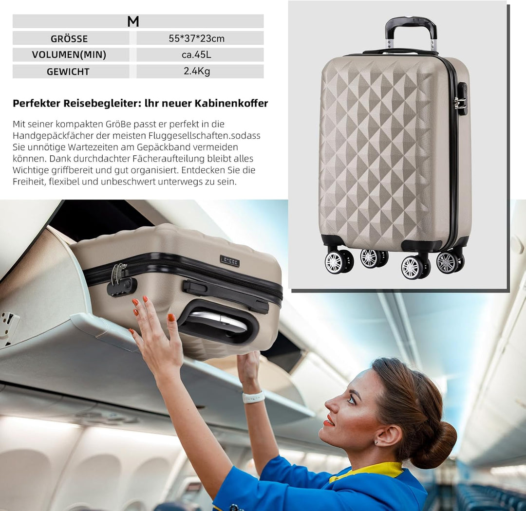 BEIBYE Zwillingsrollen 2066 Hartschale Trolley Koffer Reisekoffer Gepäck M-L-XL-Set (Champagner, M)