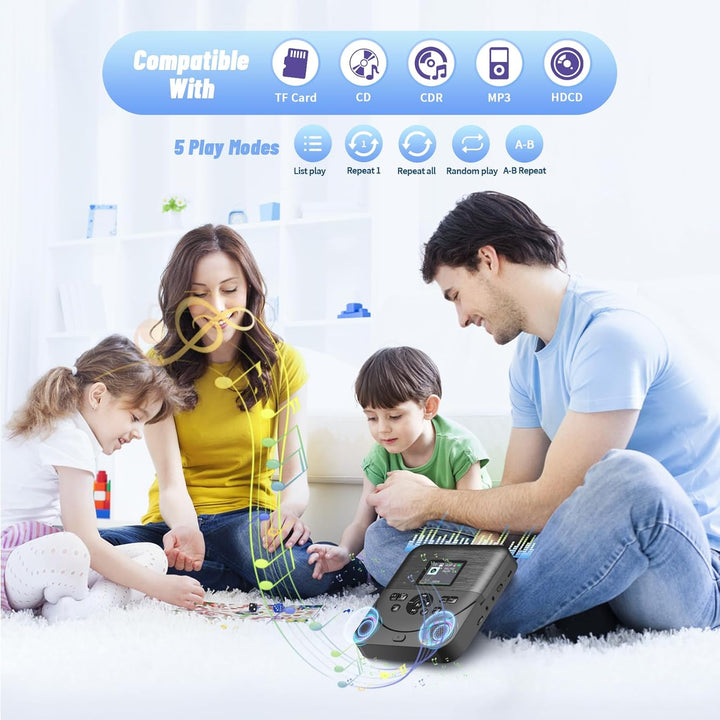 CD Player Tragbar, FELEMAN CD Player Bluetooth mit Lautsprechern/Kopfhörern/Display, wiederaufladbar