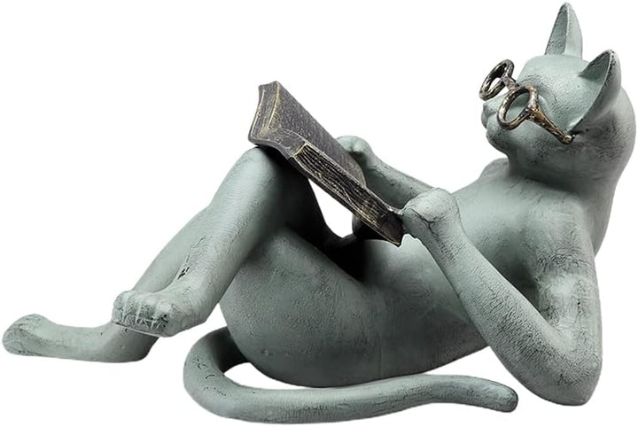 HUSHUI Literarische Katzen-Harz-Ornamente, Gartenstatuen-Dekoration, Lesebrille, Katzenhandwerk für
