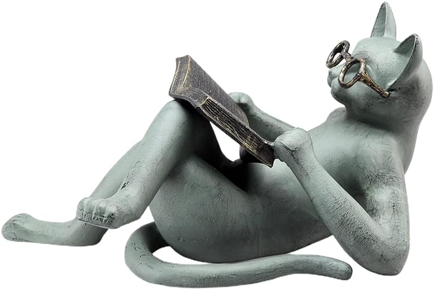 HUSHUI Literarische Katzen-Harz-Ornamente, Gartenstatuen-Dekoration, Lesebrille, Katzenhandwerk für