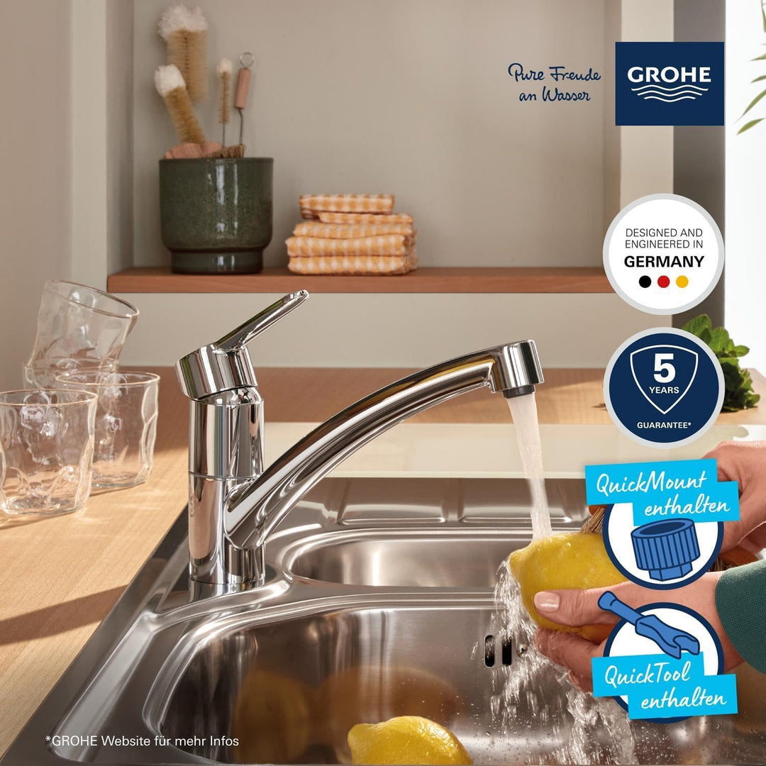 GROHE StartEco - Einhand- Spültischarmatur (Schwenkbereich 140°, langlebige Oberfläche, flacher Ausl