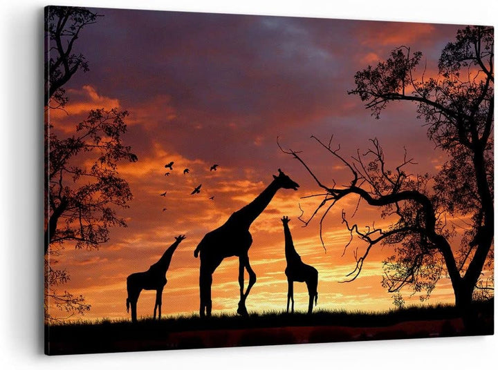 Bilder auf Leinwand 100x70cm Leinwandbild Giraffe Afrika Sonne Safari Gross Wanddeko Bild Schlafzimm