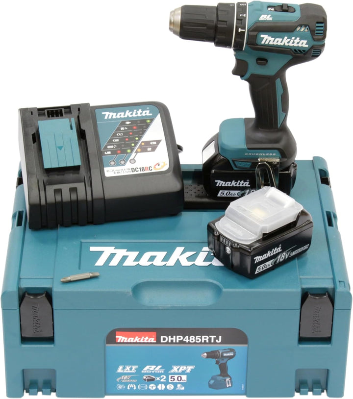 Makita DHP485RTJ Akku-Schlagbohrschrauber 18 V / 5,0 Ah, 2 Akkus, Ladegerät im MAKPAC mit 2 Akkus +