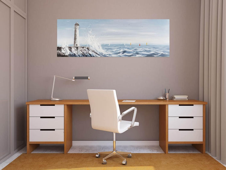 KunstLoft Leinwandbild | 100% HANDGEMALT | 150x50cm | Gemälde 'Leuchtturm in Sicht' | Leuchtturm | B