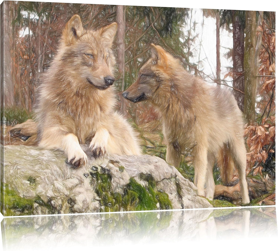 Pixxprint Wölfe im Wald / 100x70cm Leinwandbild bespannt auf Holzrahmen/Wandbild Kunstdruck Dekorati