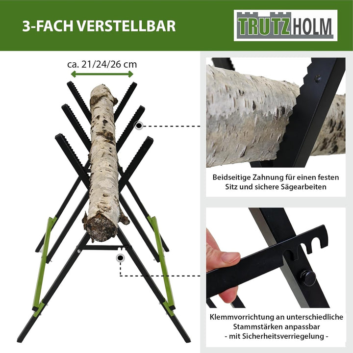 TRUTZHOLM Holzsägebock klappbar Stahl pulverbeschichtet 100 kg Traglast 3-fach verstellbarer Kettens