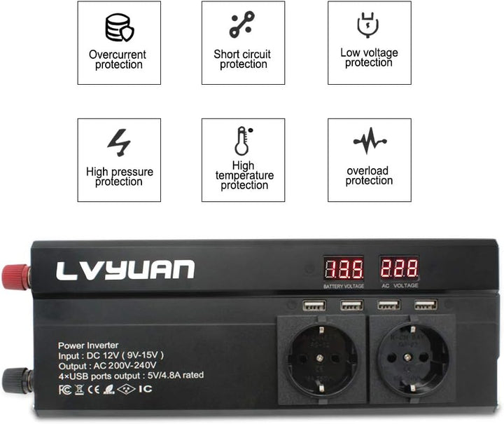 Cantonape Spannungswandler 12V 230V /1000w (2000w Peak Wechselrichter mit 3 Steckdose und 4 USB LED