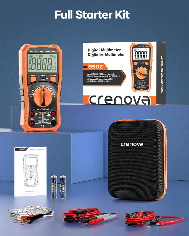 Crenova Digital multimeter, TRMS Voltmeter Ammeter Auto-Range 6000 Zähler Ohmmeter, misst Spannung K