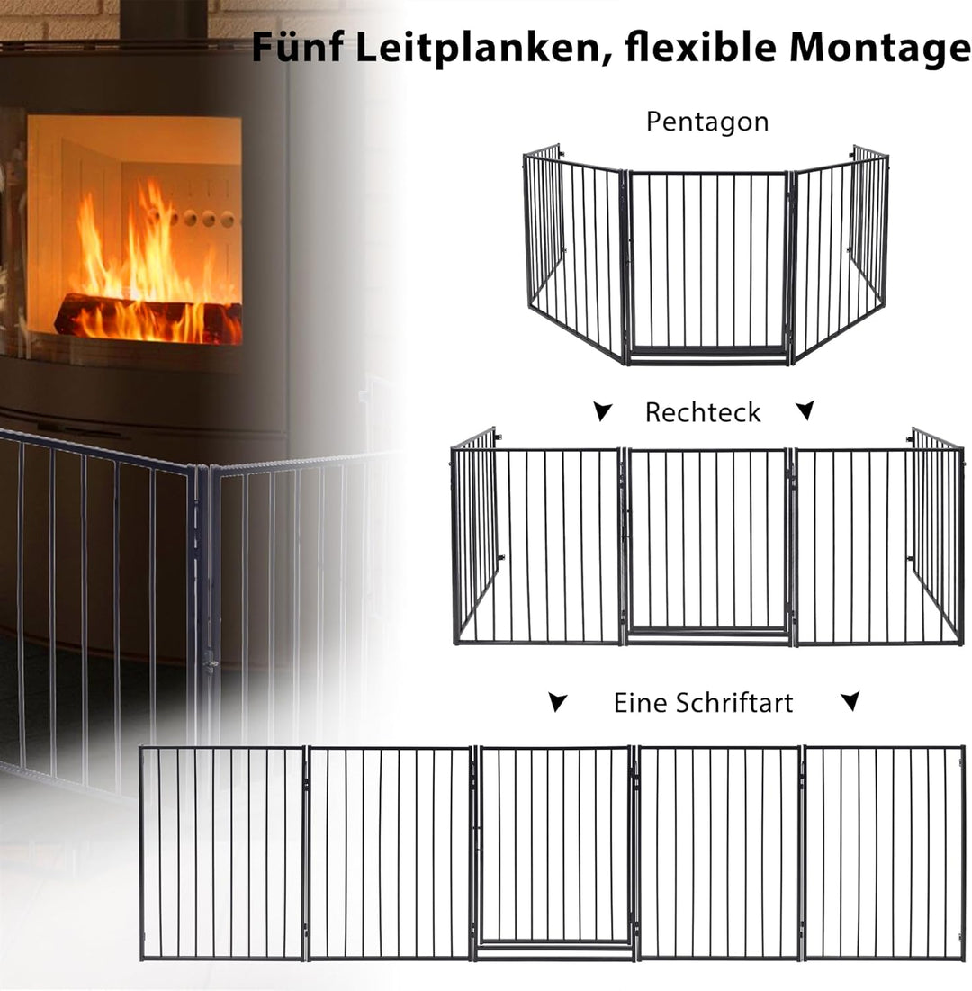 LZQ Kaminschutzgitter mit Tür Schwarz Ofenschutzgitter 5-teilig Gesamtlänge 305 cm Türschutzgitter F