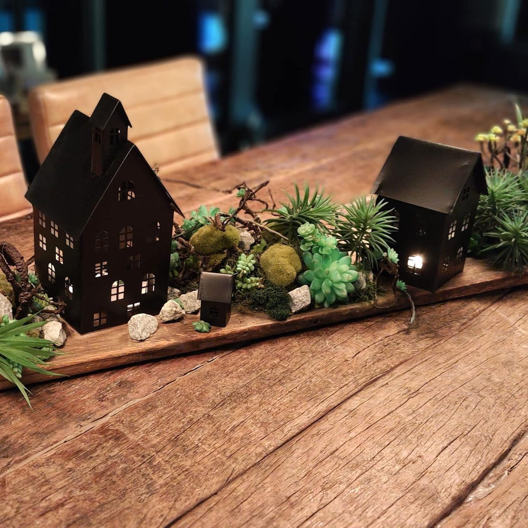 UNUS Deko Häuser 5er Set, Lichthäuser aus Metall, in Schwarz, Herbstdeko Outdoor, Weihnachtsdorf für