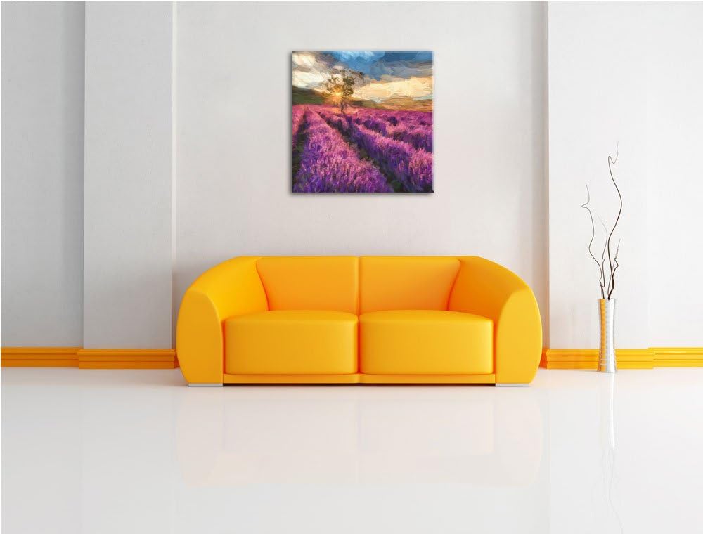 Pixxprint Zartes Lavendelfeld mit einsamen Baum, Format: 70x70 auf Leinwand, 70x70