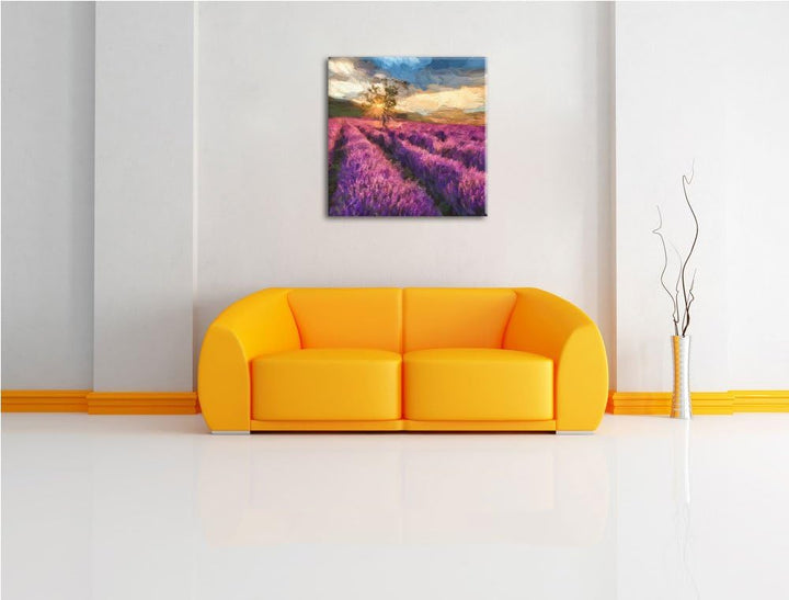 Pixxprint Zartes Lavendelfeld mit einsamen Baum, Format: 70x70 auf Leinwand, 70x70
