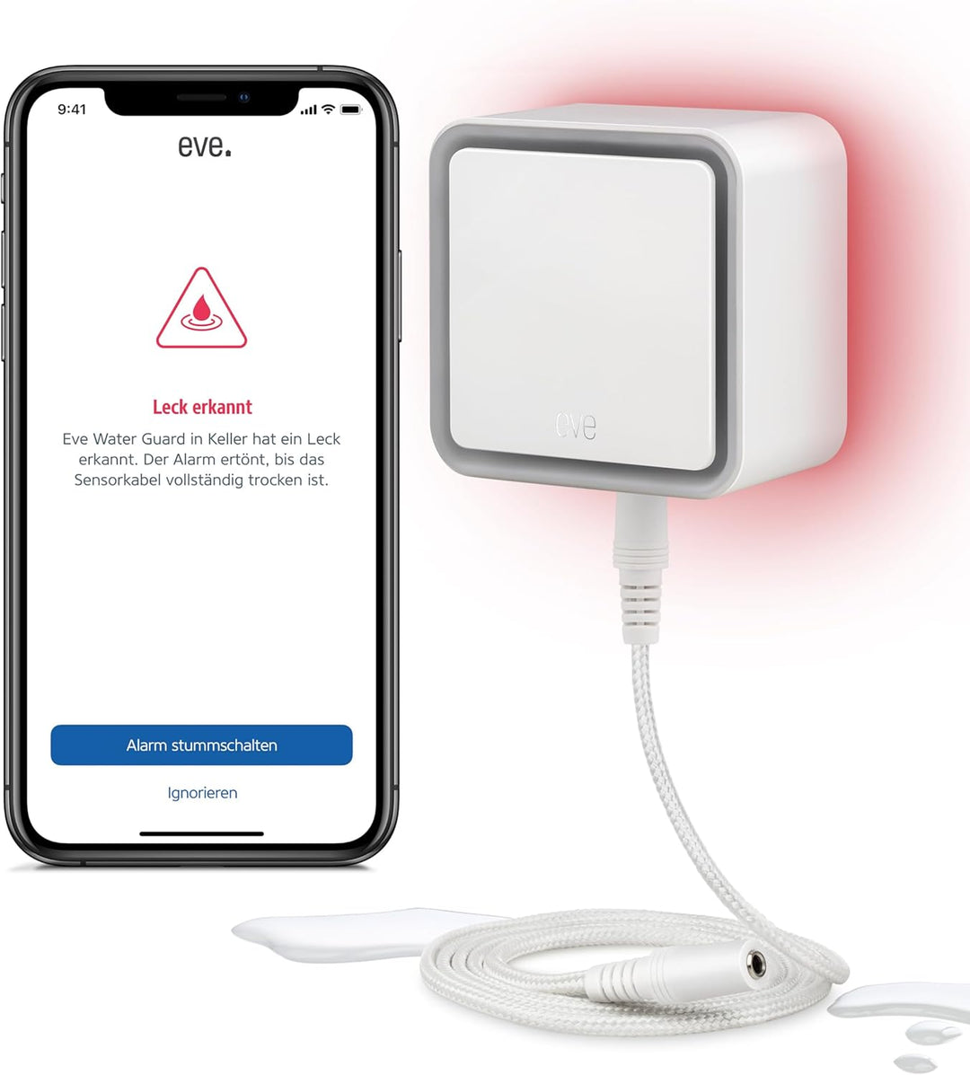 Eve Water Guard - Smarter Wassermelder, 2m Sensorkabel (verlängerbar), 100dB, Wasseralarm auf iPhone