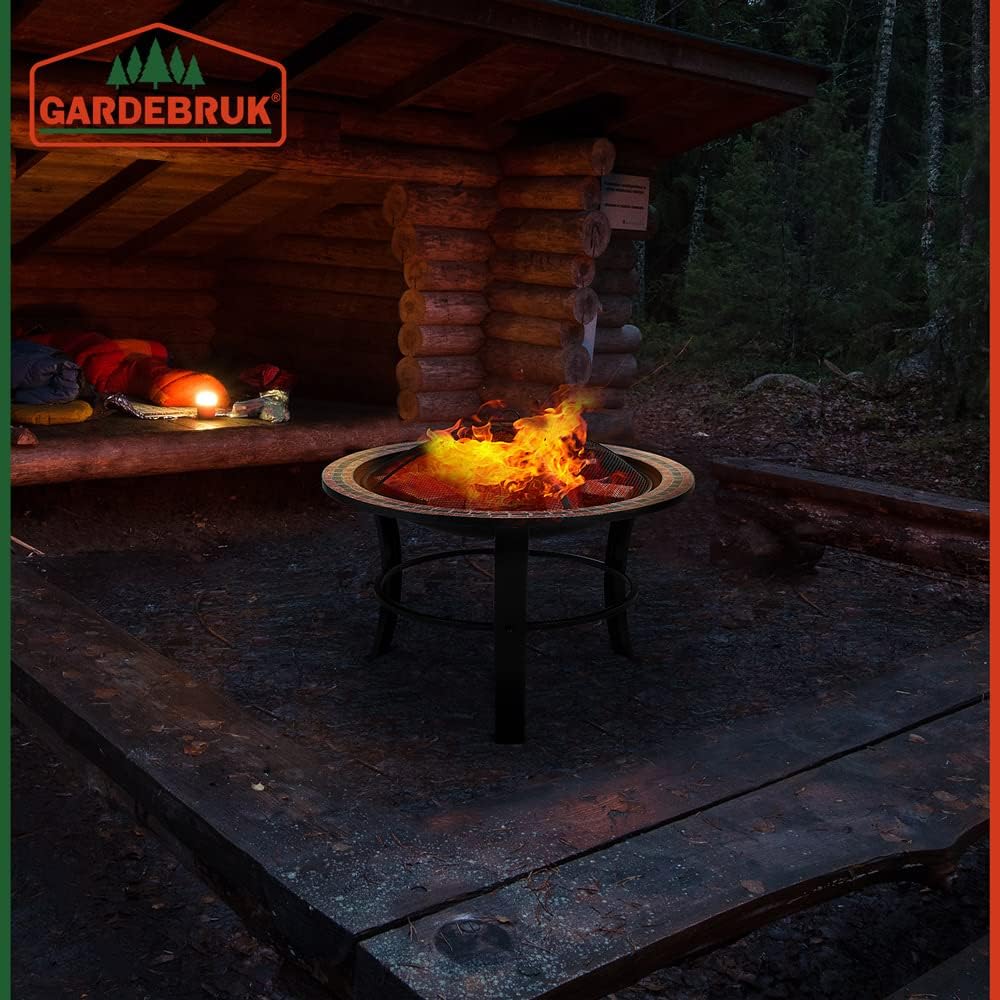 GARDEBRUK® Feuerschale Fuoco mit Funkenschutz Ø76cm Schürhaken Abdeckung Mosaik Rund Garten Terrasse