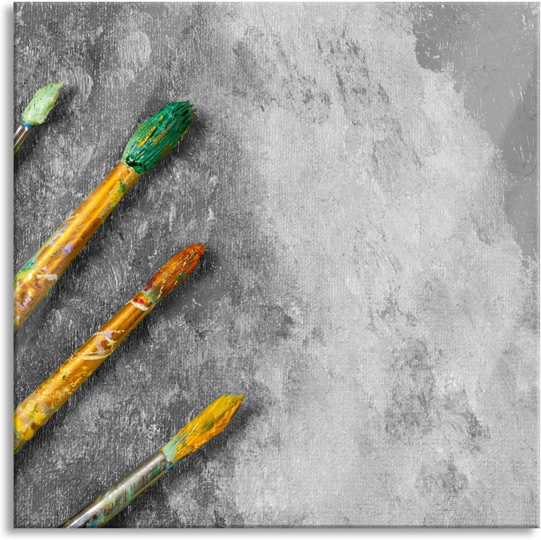 Glasbild | Wandbild auf Echtglas | Gelber Pinsel & Bild | 70x70 cm | inkl. Aufhängung und Abstandsha